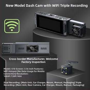 Automobilio vaizdo registratorius 1080p, 140° matymas kampas, trijų kanalų įrašymas, Wi-Fi, stovėjimo stebėjimas