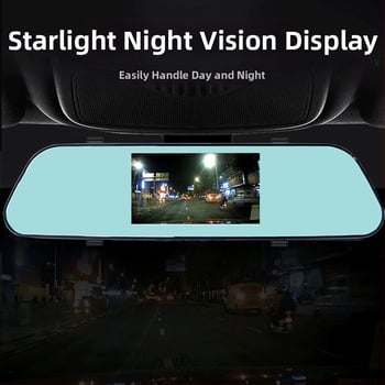 Dvigubo objektyvo automobilių vaizdo registratorius su priekinio ir galinio įrašo funkcijomis, 4,5 colių veidrodinis ekranas (1080P, 170° platus kampas, 32GB atmintis)