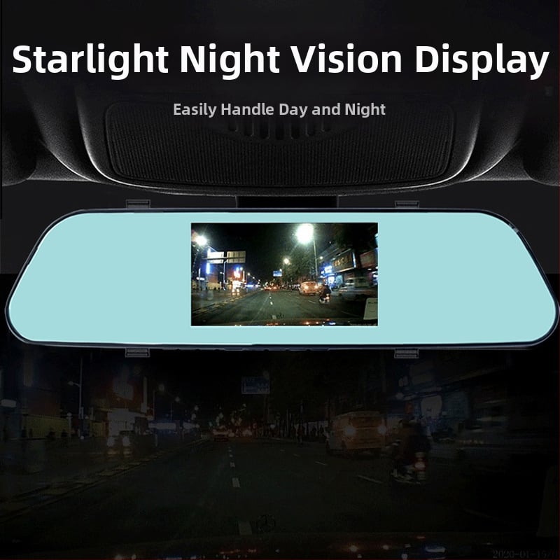 Dvigubo objektyvo automobilių vaizdo registratorius su priekinio ir galinio įrašo funkcijomis, 4,5 colių veidrodinis ekranas (1080P, 170° platus kampas, 32GB atmintis)