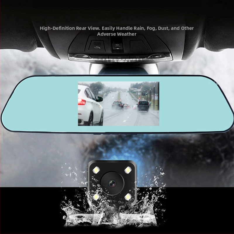 Dvigubo objektyvo automobilių vaizdo registratorius su priekinio ir galinio įrašo funkcijomis, 4,5 colių veidrodinis ekranas (1080P, 170° platus kampas, 32GB atmintis)