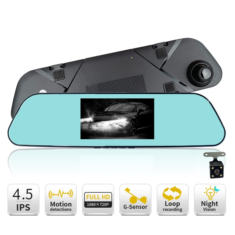 Dvigubo objektyvo automobilių vaizdo registratorius su priekinio ir galinio įrašo funkcijomis, 4,5 colių veidrodinis ekranas (1080P, 170° platus kampas, 32GB atmintis)