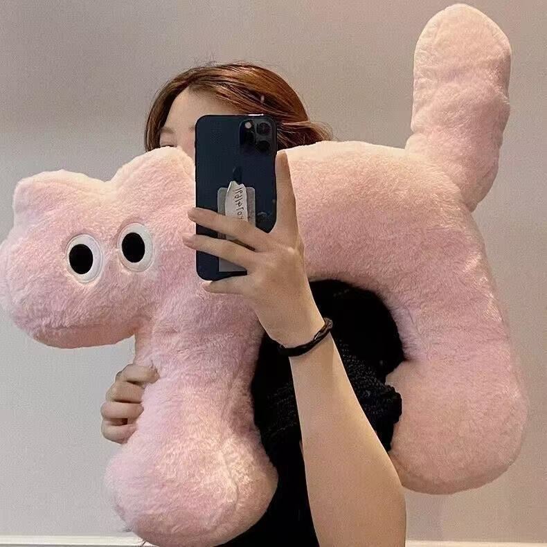 У-образна котешка възглавничка за глава, плюшена обвивка, стил карикатура, пълнеж PP памук