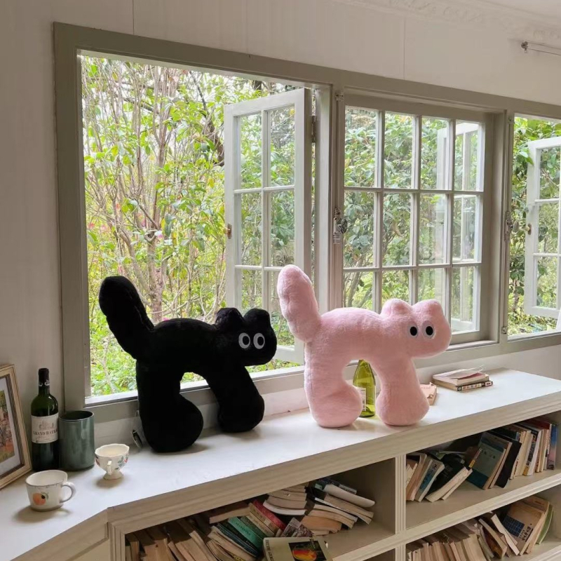 У-образна котешка възглавничка за глава, плюшена обвивка, стил карикатура, пълнеж PP памук