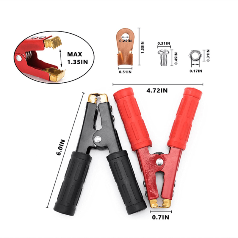 Autó akkumulátor indítókábelei réz terminálokkal és aligátorcsipeszekkel (vastított rézbevonattal)