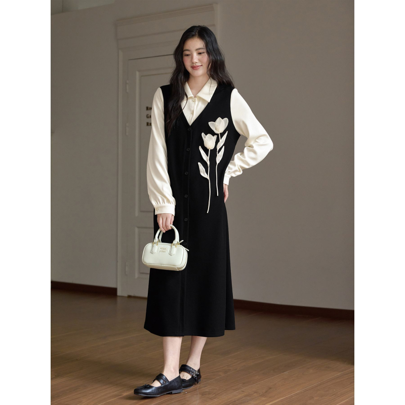 rochie cu flori 3D, guler de cămașă, mâneci lungi, fustă lungă, poliester
