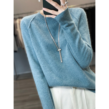 Moteriškas vilnos megztinis, korėjietiško stiliaus, apvalus kaklas, raglano rankovės, ilgos rankovės, ilgis 50–65 cm