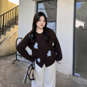 Moterų jacquard megztinis kardiganas, plus dydis, laisvas siluetas, apvalus kaklas, ilgomis rankovėmis