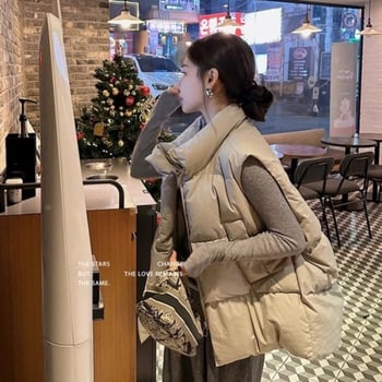 Корейски стил дамски елек с полиестер-памучно пълнеж, стояща яка, цип, свободна кройка, средна дължина