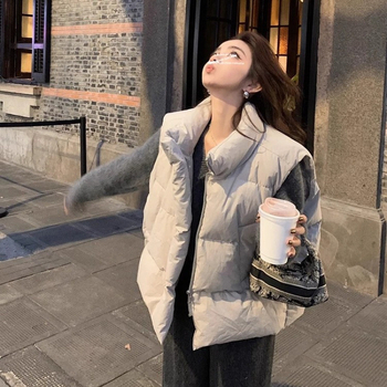 Корейски стил дамски елек с полиестер-памучно пълнеж, стояща яка, цип, свободна кройка, средна дължина