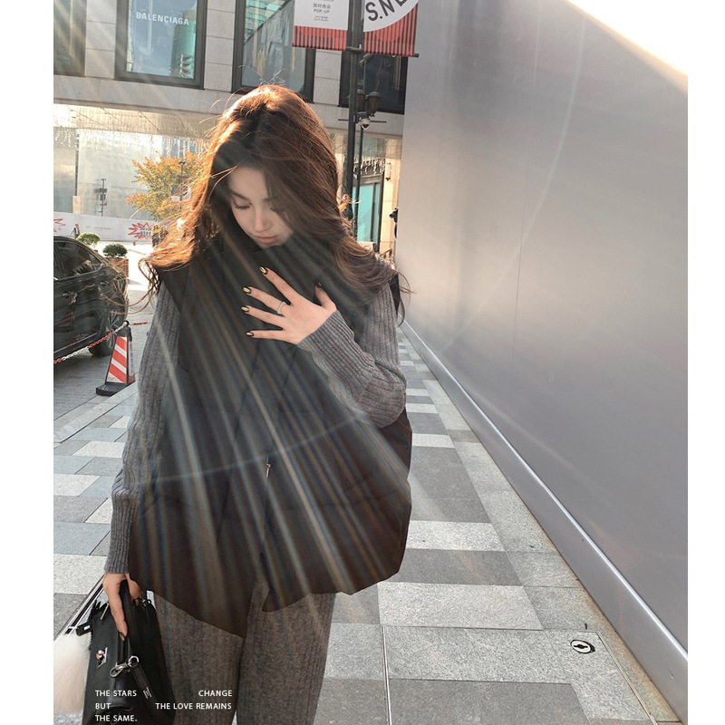 Корейски стил дамски елек с полиестер-памучно пълнеж, стояща яка, цип, свободна кройка, средна дължина