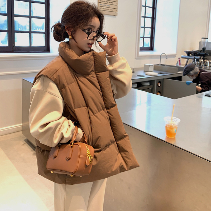 Корейски стил дамски елек с полиестер-памучно пълнеж, стояща яка, цип, свободна кройка, средна дължина