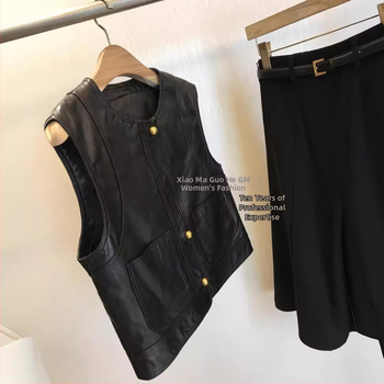 Женски безръкав жилет от PU кожа, свободен силует, кръгло деколте, закопчаване с един ред катарами