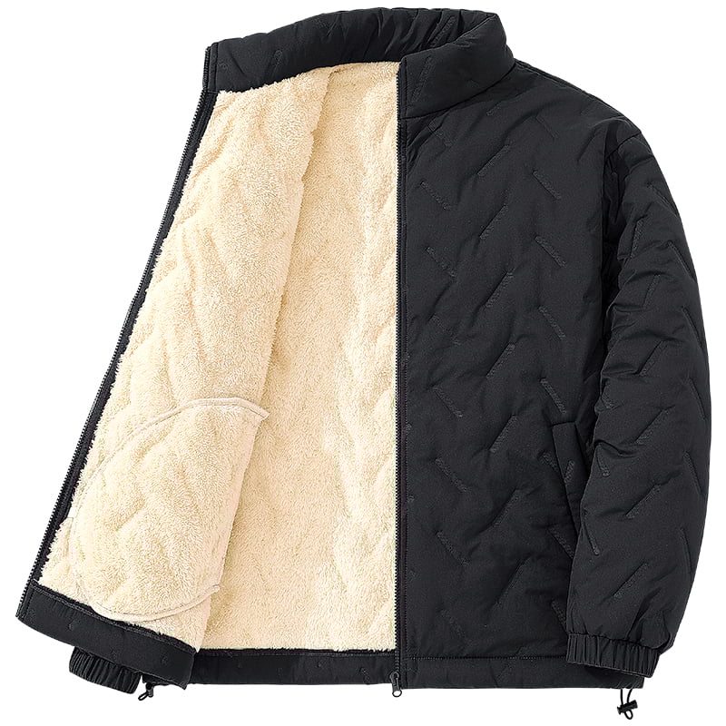 Férfi téli poliészter kabát fleece-béléssel, álló gallérral, cipzár elől, rövid fazonú