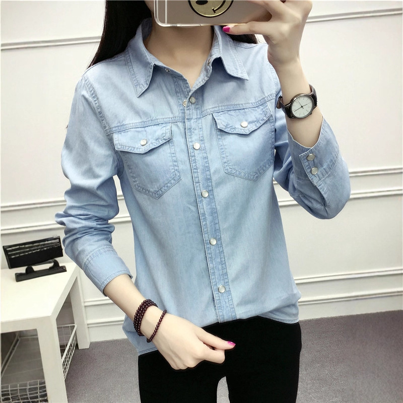 Női denim ing-jackett, Slim szabás, 80–90% pamut és kevesebb mint 30% poliészter, hosszú ujjú, gallér Polo, vékony anyag