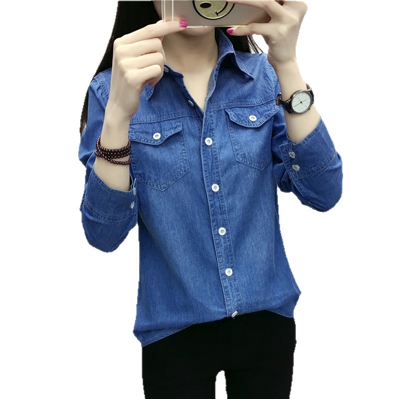 Női denim ing-jackett, Slim szabás, 80–90% pamut és kevesebb mint 30% poliészter, hosszú ujjú, gallér Polo, vékony anyag