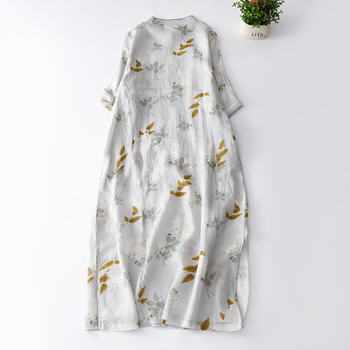 Ханфу вдъхновено подобрен чипао с принтована конопена материя, свободна кройка, дзен чайна роба