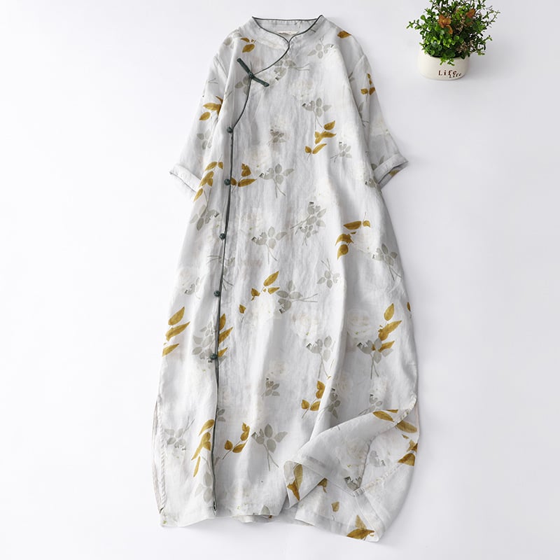 Ханфу вдъхновено подобрен чипао с принтована конопена материя, свободна кройка, дзен чайна роба