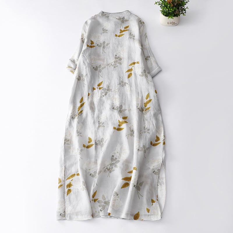 Ханфу вдъхновено подобрен чипао с принтована конопена материя, свободна кройка, дзен чайна роба