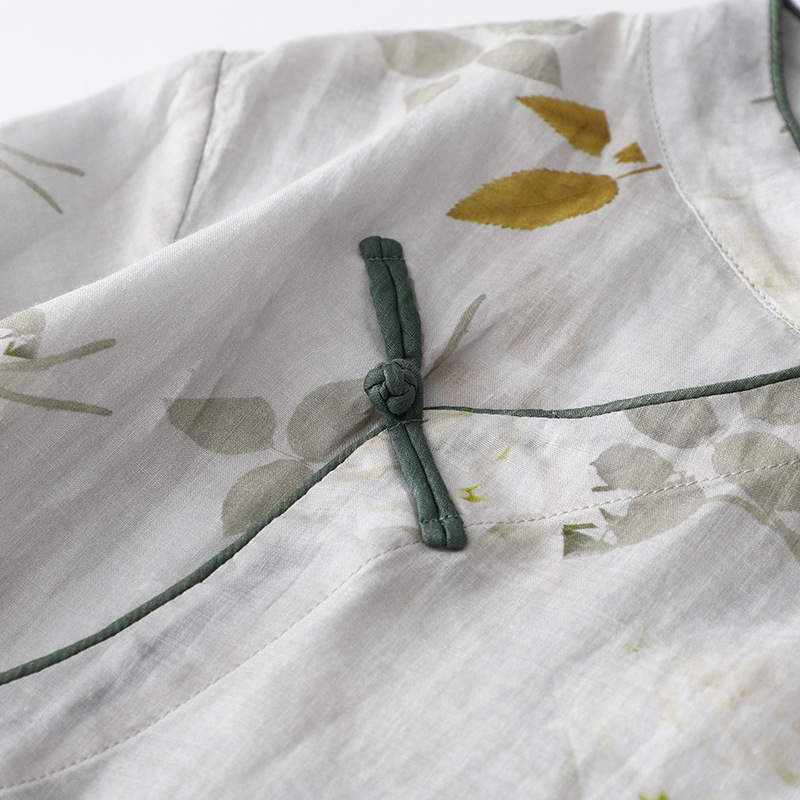 Ханфу вдъхновено подобрен чипао с принтована конопена материя, свободна кройка, дзен чайна роба