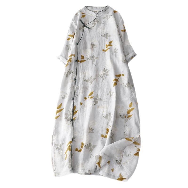 Ханфу вдъхновено подобрен чипао с принтована конопена материя, свободна кройка, дзен чайна роба