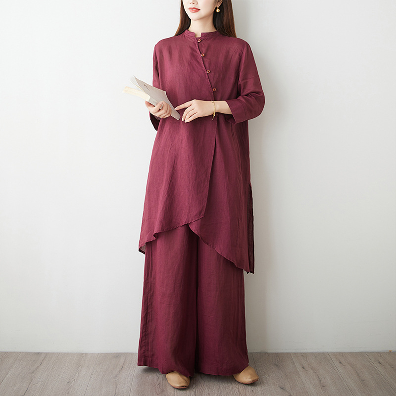 Zen медитативна роба – комплект от две части със наклонена яка, плат коноп-памук