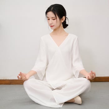 Китайски стил Тан костюм две части за жени, топ и панталони от лен и коноп, съдържание на лен 50–70%, вторична съставка <30%, подходящ за народни танци