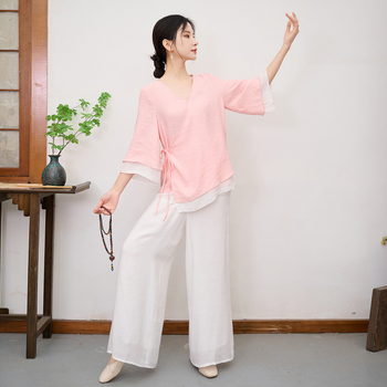 Китайски стил Тан костюм две части за жени, топ и панталони от лен и коноп, съдържание на лен 50–70%, вторична съставка <30%, подходящ за народни танци