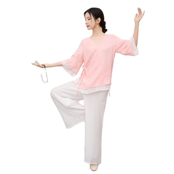 Китайски стил Тан костюм две части за жени, топ и панталони от лен и коноп, съдържание на лен 50–70%, вторична съставка <30%, подходящ за народни танци