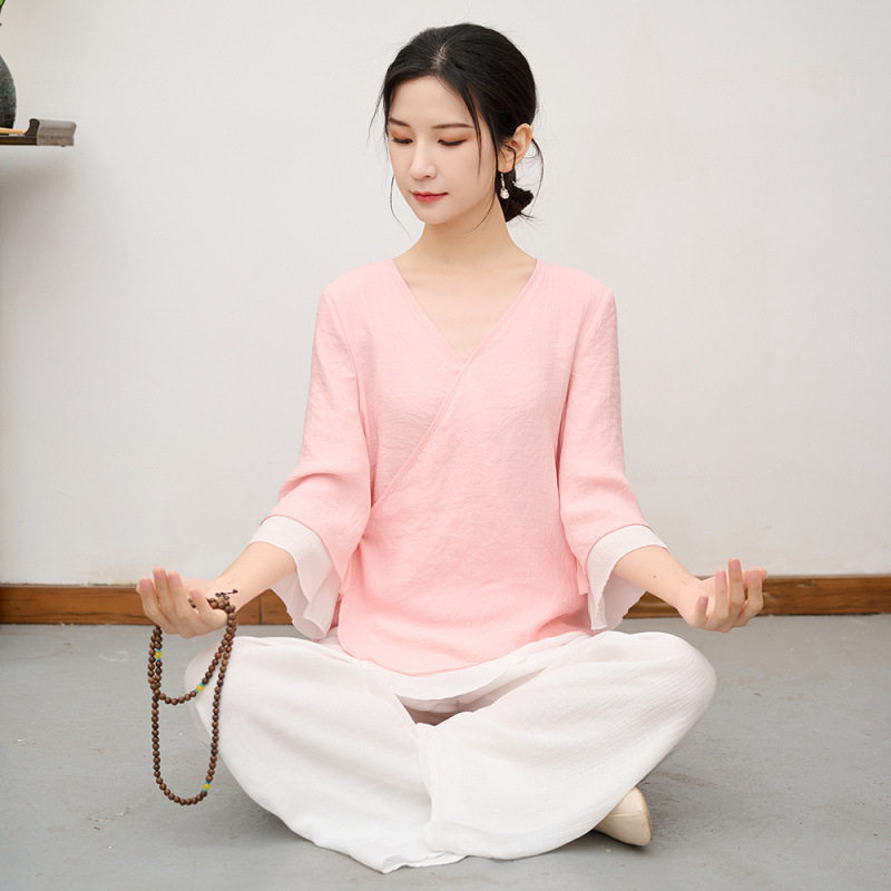 Китайски стил Тан костюм две части за жени, топ и панталони от лен и коноп, съдържание на лен 50–70%, вторична съставка <30%, подходящ за народни танци