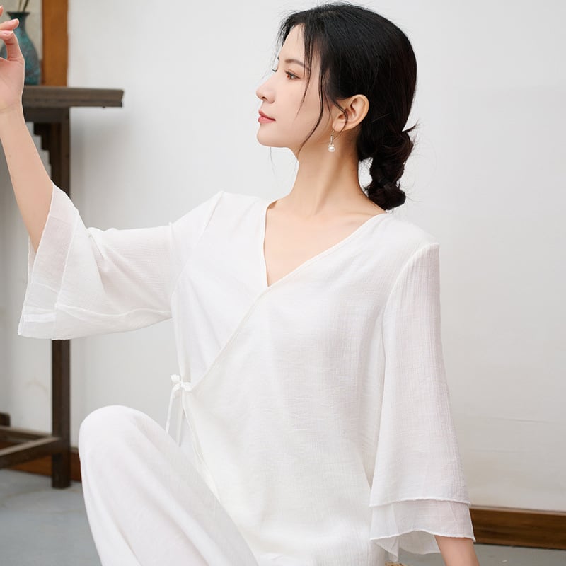 Китайски стил Тан костюм две части за жени, топ и панталони от лен и коноп, съдържание на лен 50–70%, вторична съставка <30%, подходящ за народни танци