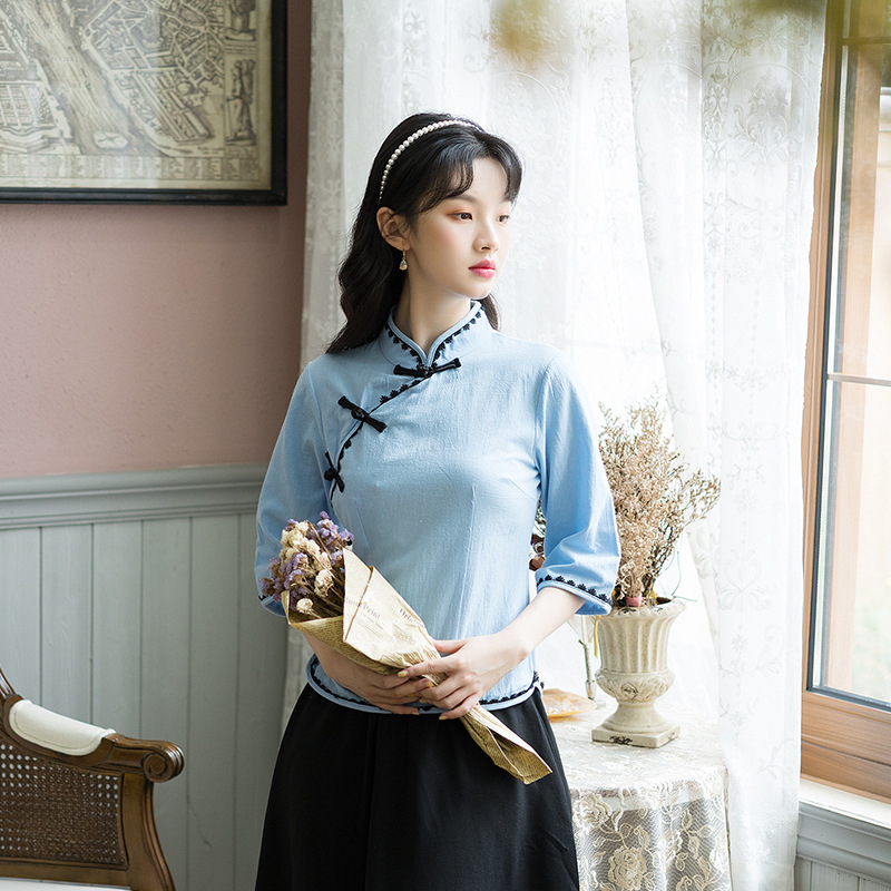 Top - Uniforma učenika iz razdoblja Republike, retro kineskog stila završna odjeća, kineskog stila izvedbeni top - Polyester, ljeto 2023, udio vlakana ispod 30%