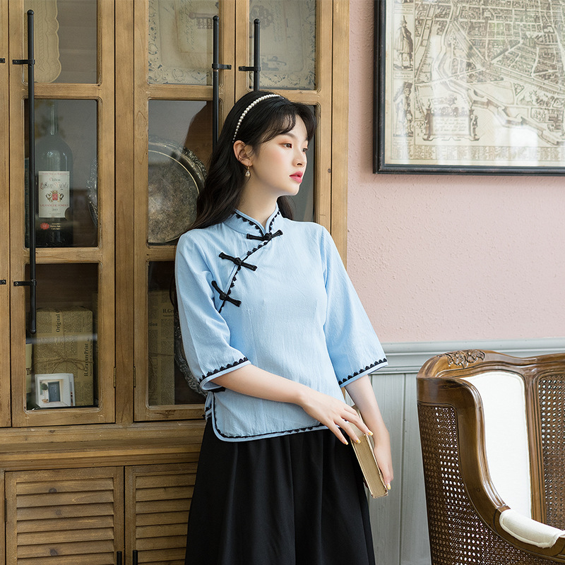 Top - Uniforma učenika iz razdoblja Republike, retro kineskog stila završna odjeća, kineskog stila izvedbeni top - Polyester, ljeto 2023, udio vlakana ispod 30%