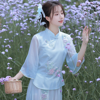 Топ с китайски стил, дантвeлeни ръкави и копчета - кожа от коза; плат: Other; сезон: Лято 2022