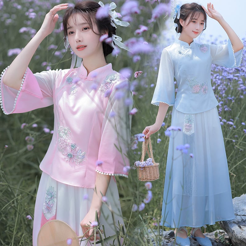 Топ с китайски стил, дантвeлeни ръкави и копчета - кожа от коза; плат: Other; сезон: Лято 2022