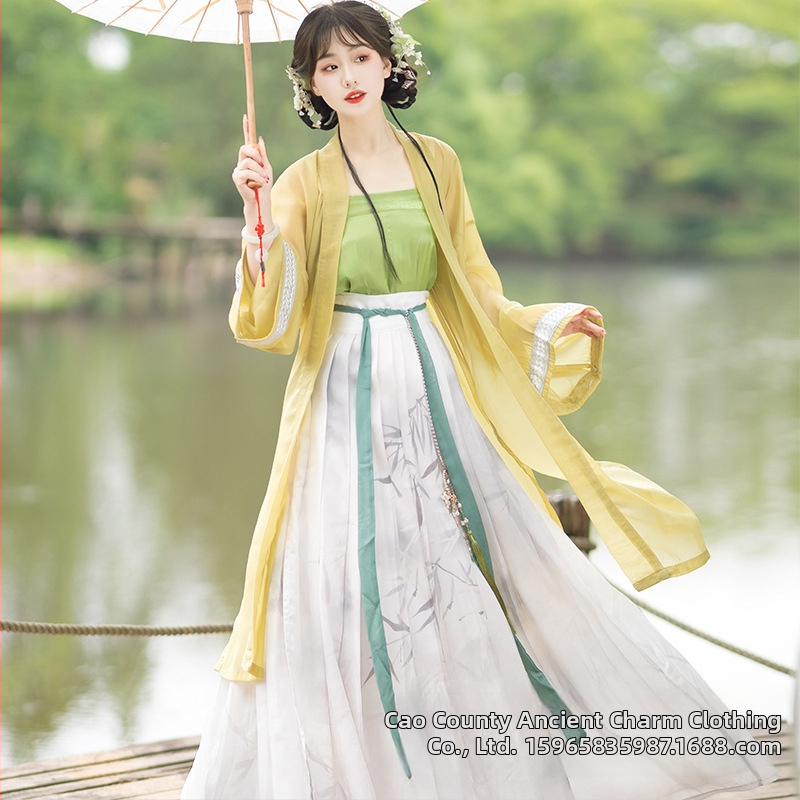 Hanfu pre ženy, čínske štýl Song dynastie, štvordielny set s pásovou sukňou, hodváb, potlač a farbenie