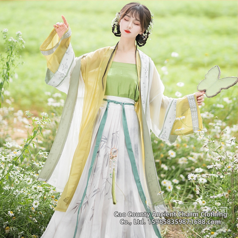 Hanfu pre ženy, čínske štýl Song dynastie, štvordielny set s pásovou sukňou, hodváb, potlač a farbenie