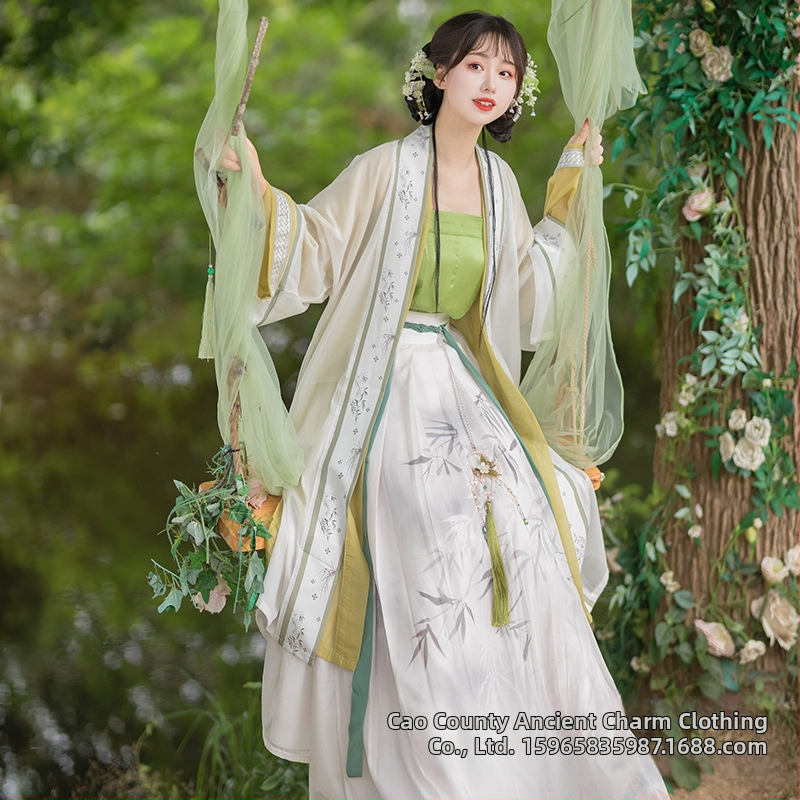 Hanfu pre ženy, čínske štýl Song dynastie, štvordielny set s pásovou sukňou, hodváb, potlač a farbenie