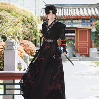 Ханфу комплект: драконов жакард топ с половин ръкав и двуслойна дълга пола, тежка бродерия, памучна прежда, съдържание на основната тъкан 30–50%