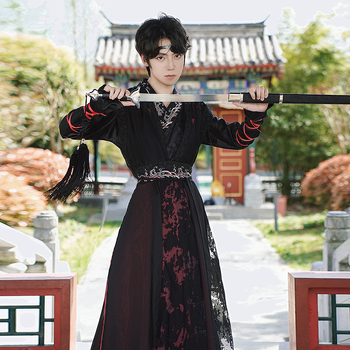 Ханфу комплект: драконов жакард топ с половин ръкав и двуслойна дълга пола, тежка бродерия, памучна прежда, съдържание на основната тъкан 30–50%