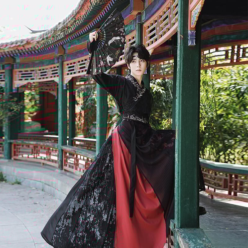 Ханфу комплект: драконов жакард топ с половин ръкав и двуслойна дълга пола, тежка бродерия, памучна прежда, съдържание на основната тъкан 30–50%