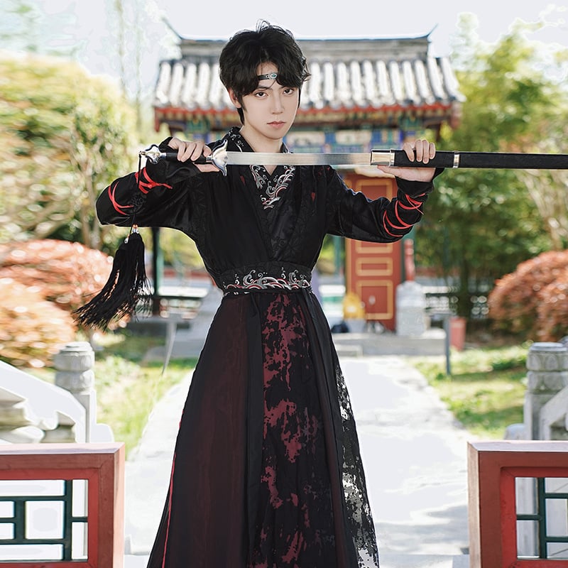 Ханфу комплект: драконов жакард топ с половин ръкав и двуслойна дълга пола, тежка бродерия, памучна прежда, съдържание на основната тъкан 30–50%