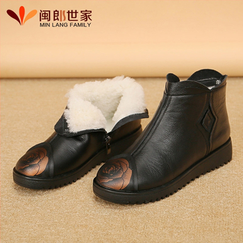 Γυναικείες χειμερινές βαμβακερές γόβες με επάνω μέρος από γνήσιο δέρμα, επένδυση από μαλλί, πλαϊνό φερμουάρ, χαμηλό τακούνι, κοντές μποτάκια