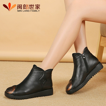 Γυναικείες χειμερινές βαμβακερές γόβες με επάνω μέρος από γνήσιο δέρμα, επένδυση από μαλλί, πλαϊνό φερμουάρ, χαμηλό τακούνι, κοντές μποτάκια