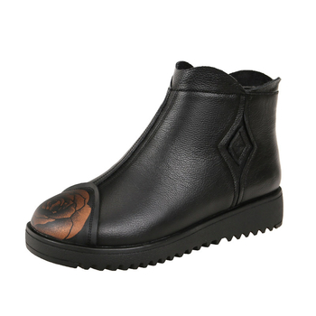 Γυναικείες χειμερινές βαμβακερές γόβες με επάνω μέρος από γνήσιο δέρμα, επένδυση από μαλλί, πλαϊνό φερμουάρ, χαμηλό τακούνι, κοντές μποτάκια