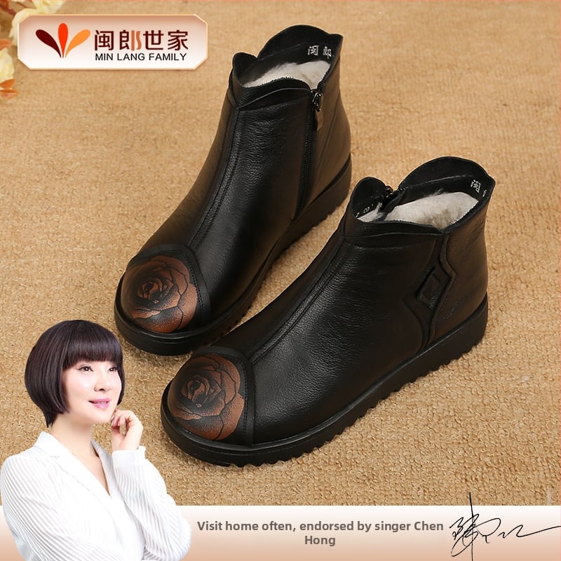 Γυναικείες χειμερινές βαμβακερές γόβες με επάνω μέρος από γνήσιο δέρμα, επένδυση από μαλλί, πλαϊνό φερμουάρ, χαμηλό τακούνι, κοντές μποτάκια