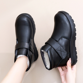 Γυναικείες χειμωνιάτικες δερμάτινες μπότες με επένδυση από μαλλί, στρογγυρή μύτη, χαμηλός κορμός, πλαϊνό φερμουάρ