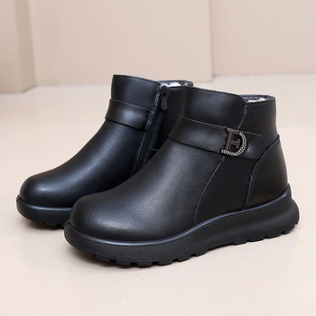 Γυναικείες χειμωνιάτικες δερμάτινες μπότες με επένδυση από μαλλί, στρογγυρή μύτη, χαμηλός κορμός, πλαϊνό φερμουάρ