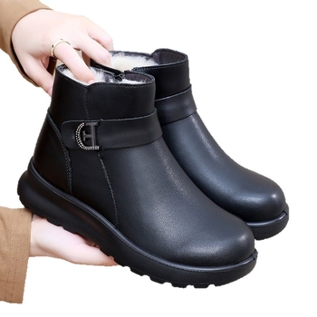 Γυναικείες χειμωνιάτικες δερμάτινες μπότες με επένδυση από μαλλί, στρογγυρή μύτη, χαμηλός κορμός, πλαϊνό φερμουάρ