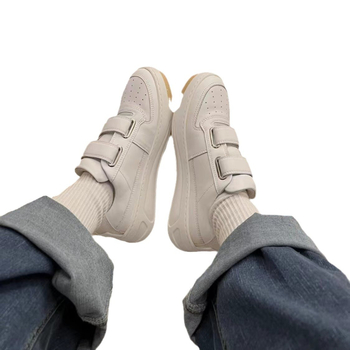 Ženske casual tenisice s gornjim dijelom od kravlje kože, Velcro zatvaranje, debela potplata, prugasti uzorak, podstava od ovčje kože