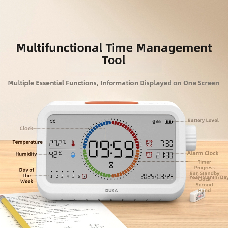 Duke daudzfunkcionāls elektroniskais pulkstenis ar signālu, termometru un mitruma mērītāju; LED displejs ar analogo rādītāju un digitālo rādījumu; kvadrāta formas; darbojas ar bateriju; piemērots guļamistabai, studijai un birojā